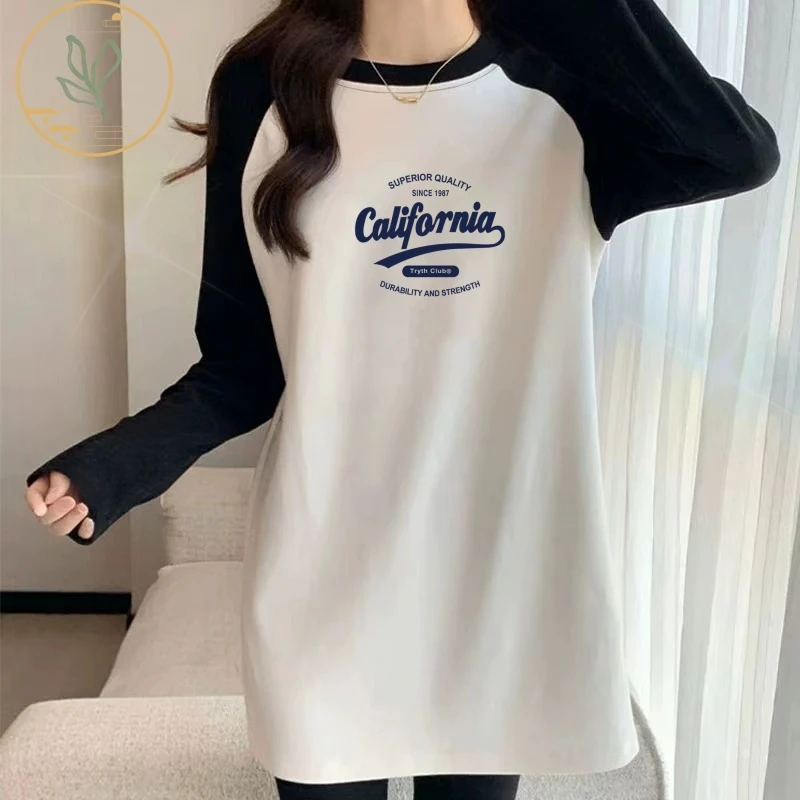 欧货秋冬新款宽松纯棉长袖t恤女拼色内搭中长款遮屁股大码上衣