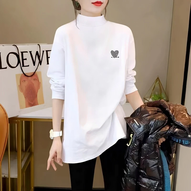 半高领中长款大码T恤女秋季高级感德绒加厚内搭打底衫长袖上衣ins