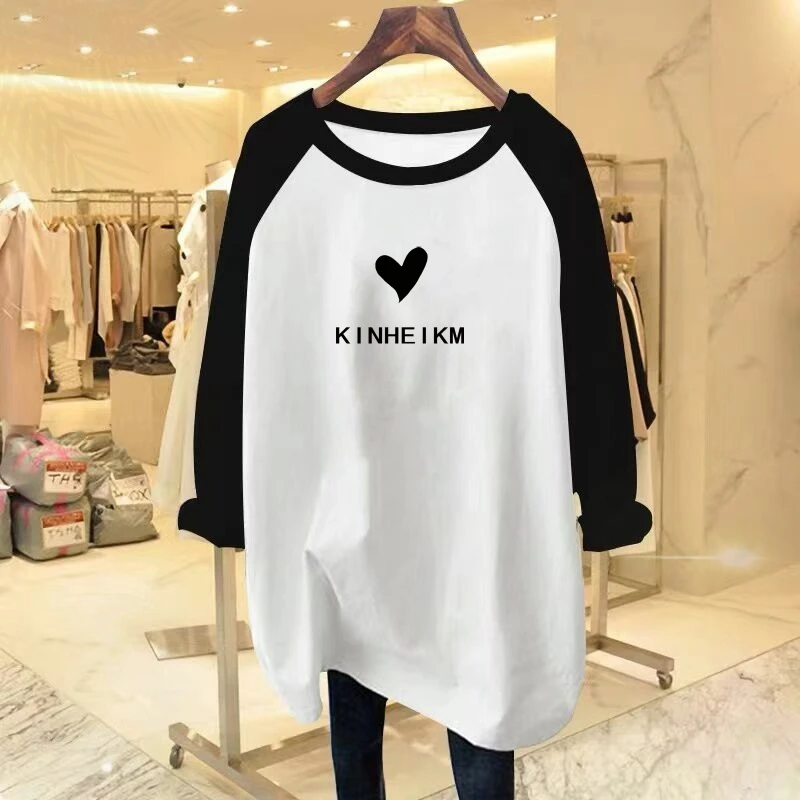 拼色2024秋冬新款纯棉外穿内搭正肩宽松长袖打底衫中长款t恤女潮