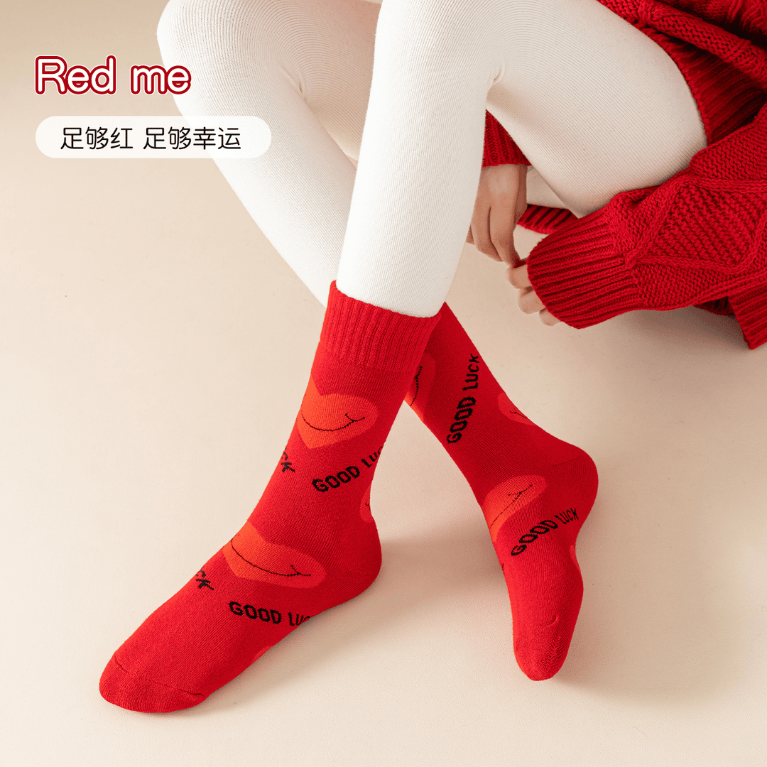 六只兔子大红色袜子女棉质透气结婚中筒袜秋冬新年本命年无骨袜