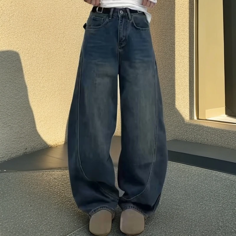 欧货冬季新款加绒宽松显瘦百搭侧扣做旧弯刀复古牛仔裤百搭