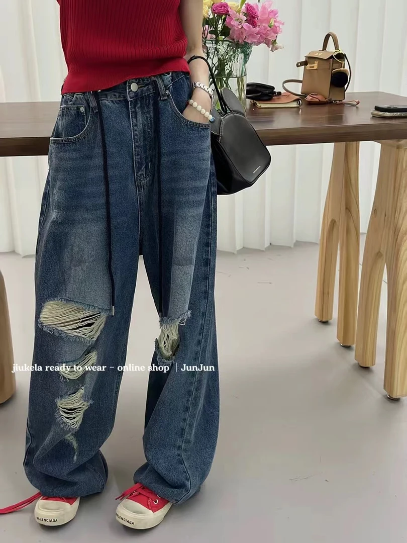 夏季破洞牛仔裤时尚休闲水洗宽松显瘦小众脏脏牛仔阔腿裤