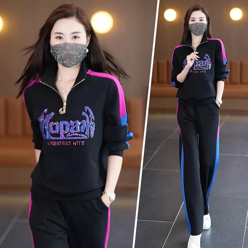 休闲运动套装女春秋两件套时尚长袖直筒裤妈妈宽松减龄卫衣运动服