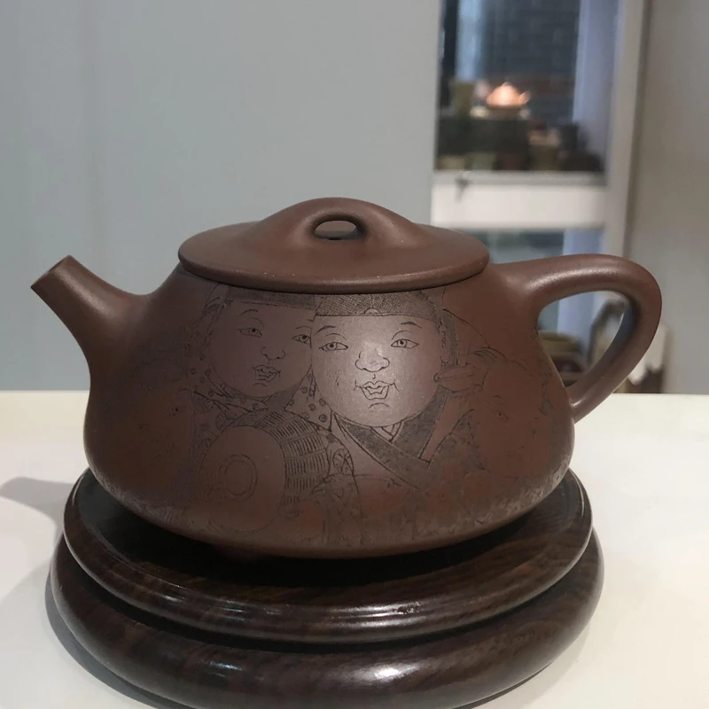 宜兴刻绘名家张重庆紫砂壶石瓢壶刻绘饮中八仙人物紫砂壶全手工壶