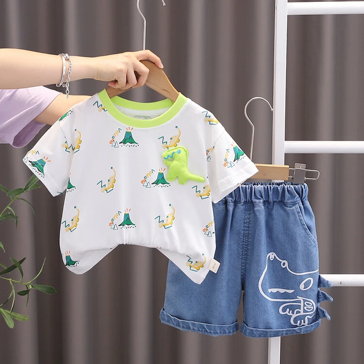 套装卡通夏季恐龙男童中小童洋气半袖夏天薄款男孩帅气WQ