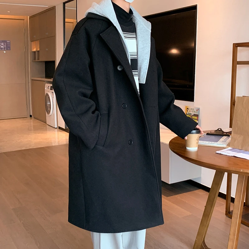 【视频同款】秋冬新款毛呢大衣假两件帽子韩版中长款外套W8062加厚