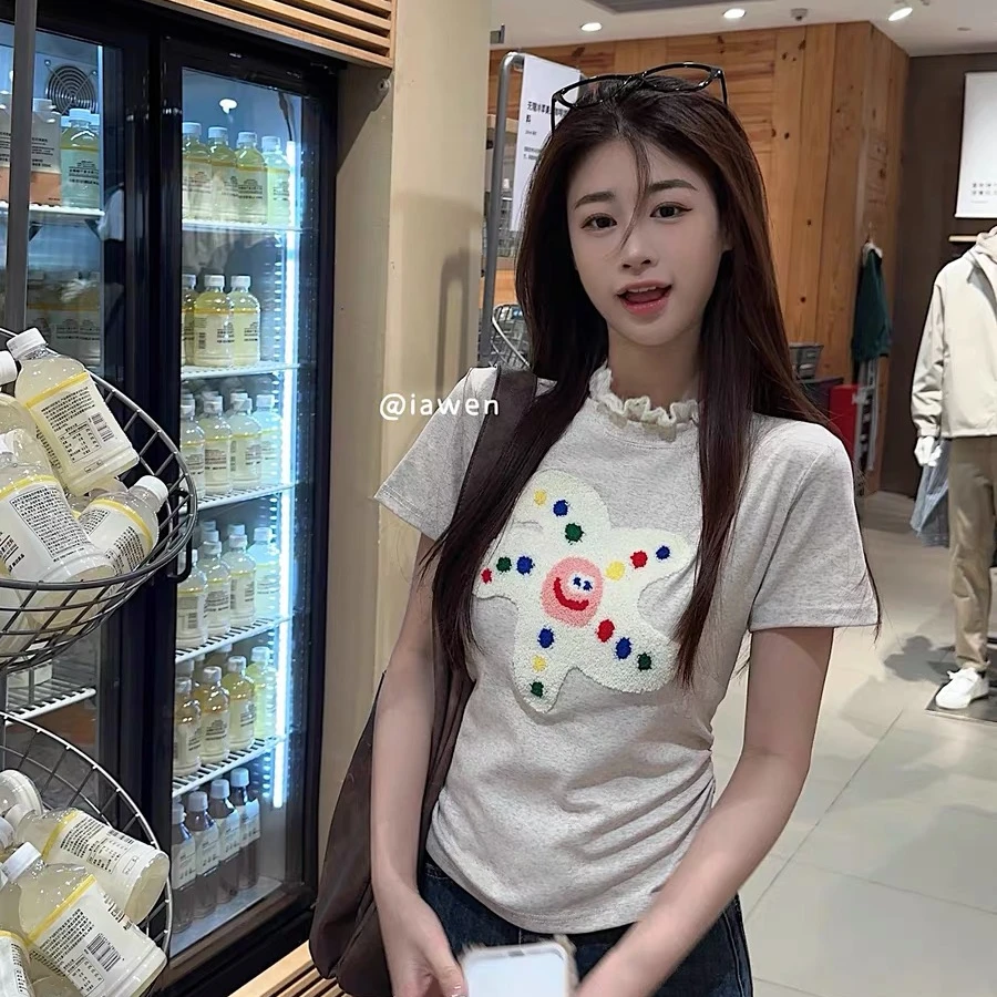 新款正肩短袖t恤女夏季甜美蕾丝边领短款上衣2024夏灰色百搭款