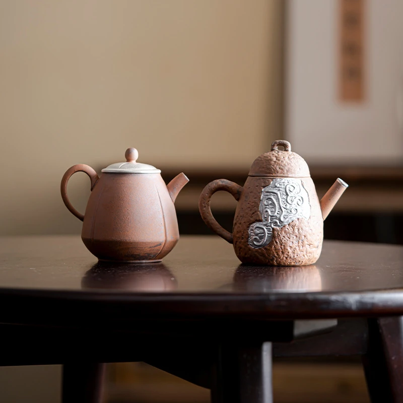 纯手工泡壶粗陶茶壶复古老岩泥鎏银泡茶器家用陶瓷功夫茶具单壶