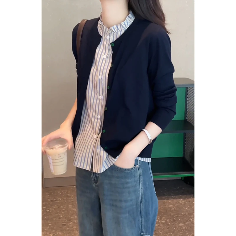 盐系轻熟两件套装秋季新款女款条纹无袖背心搭配开衫圆领针织罩衫