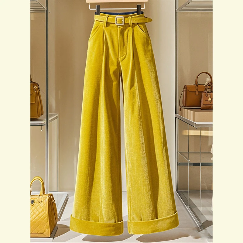 2025冬季炸街网红爆款直筒阔腿裤高端欧货洋气黄色垂感丝绒休闲裤
