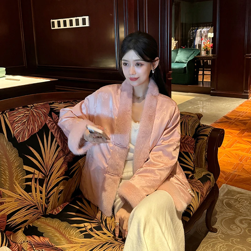 BOBO 含苞待放 真丝国风水貂毛皮草外套女V领2024毛毛大衣鹅绒服