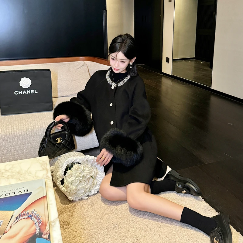 BOBO 韩剧女主 中长款毛呢外套女斗篷高级感双面羊毛大衣狐狸毛袖