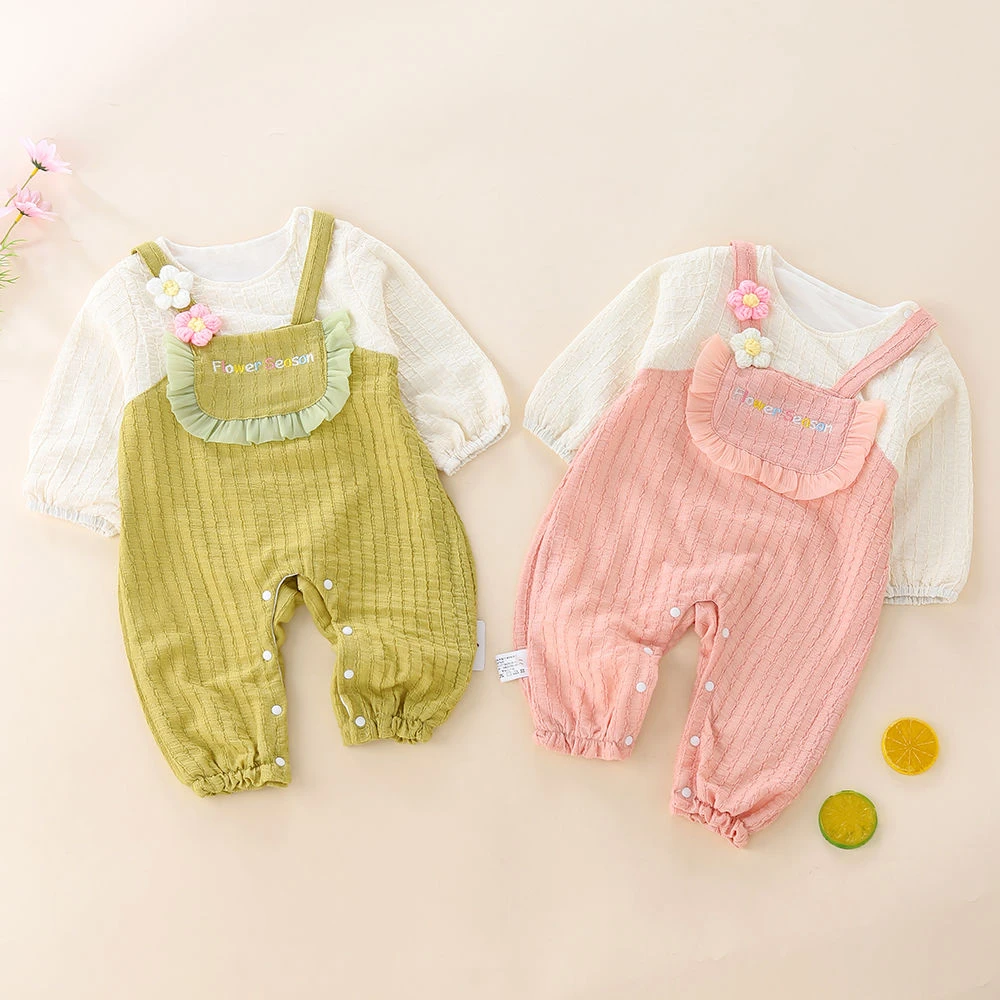 婴儿背带假两件秋装连体衣长袖女宝宝秋季超萌可爱外出哈衣爬服潮