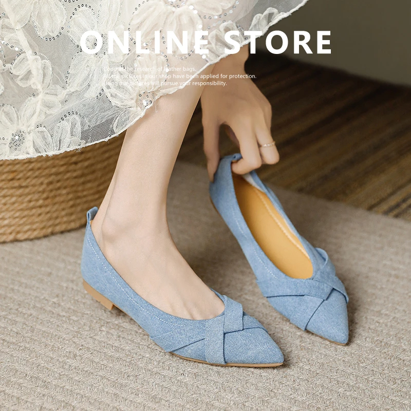 单鞋女2025新款夏软底平底防滑瓢鞋尖头复古牛仔布时尚百搭豆豆鞋