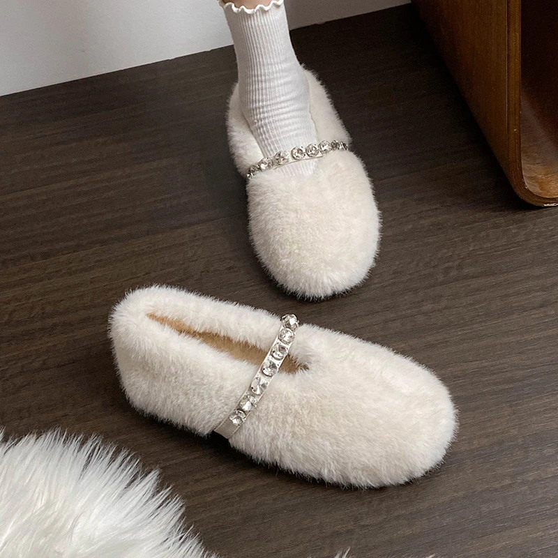 豆豆毛毛鞋女冬外穿2025年新款玛丽珍水钻加绒一脚蹬大码温柔女鞋