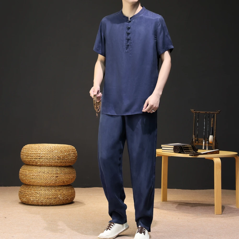 【源哥精选】夏季中国风男装铜氨丝套装