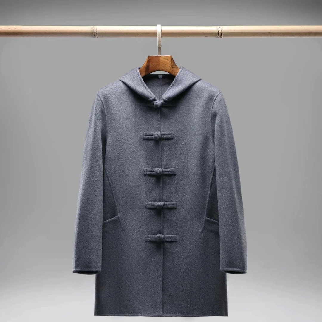 中国风连帽双面毛呢外套男士休闲宽松复古中长款羊毛大衣ML-812