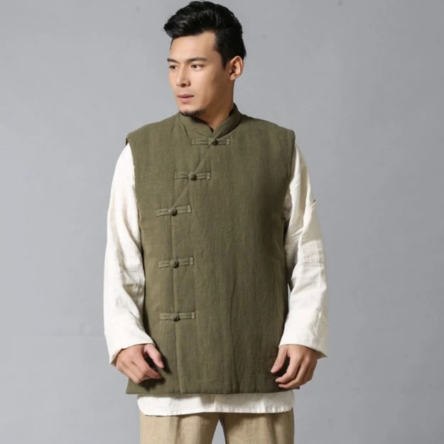 新中式加厚马甲男士冬季棉麻无袖褂子纯色立领棉背心MF