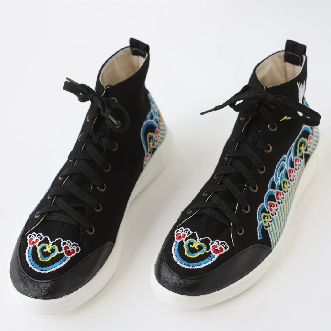 中国风男刺绣帆布鞋高帮系带休闲鞋绣花橡胶底板鞋MF-仙鹤鞋