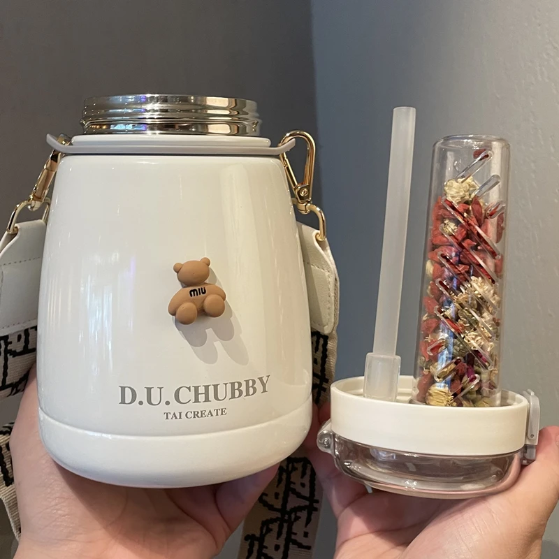 大肚保温杯女生2025新款大容量学生高颜值水壶不锈钢带吸管水杯子