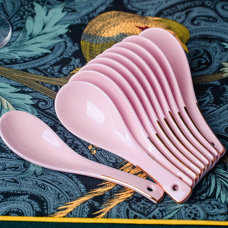 巨尚粉色陶瓷汤勺景德镇家用陶瓷餐具北欧餐厅长柄大勺喝汤小勺