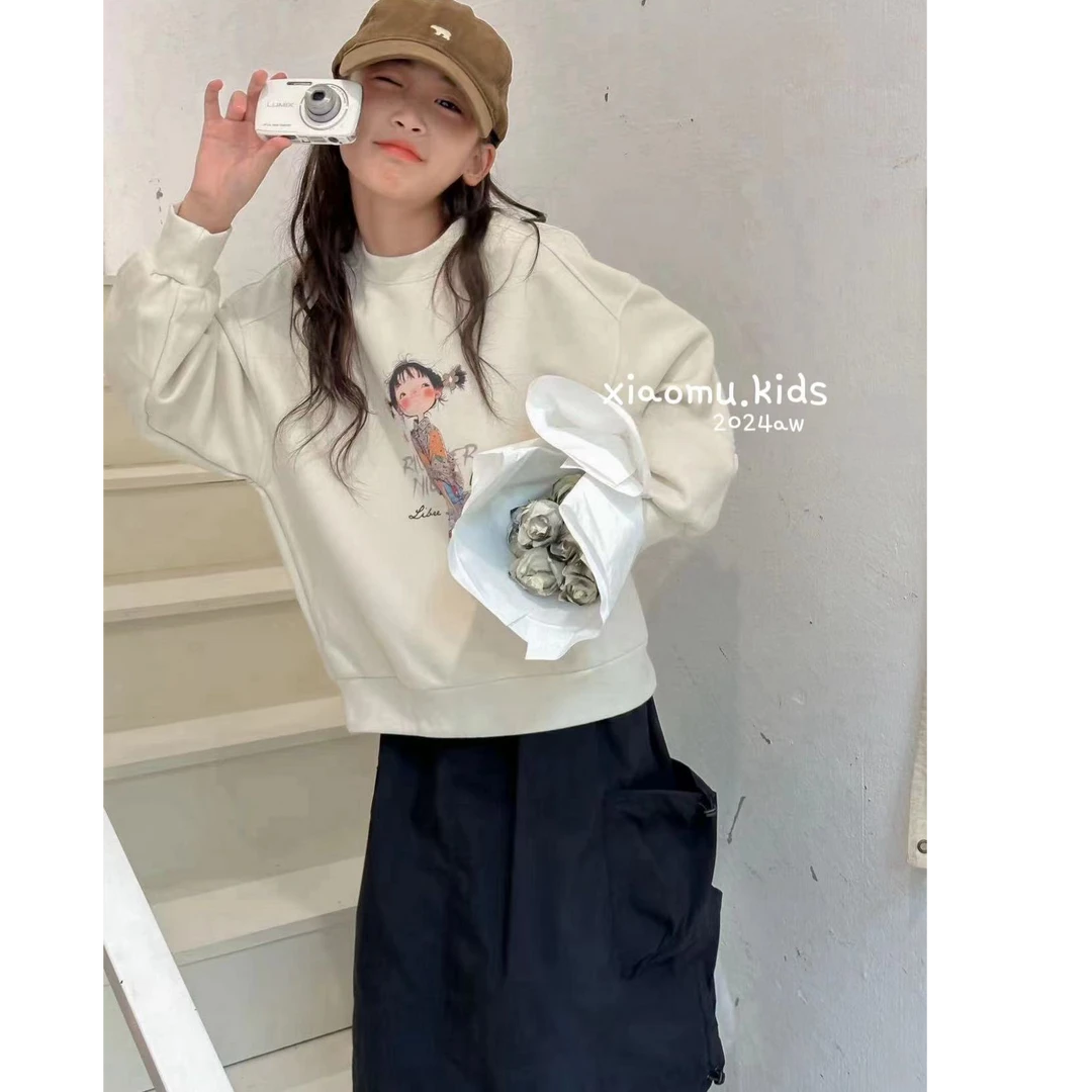 【小慕家】2024秋款白色百搭休闲宽松印花圆领儿童长袖卫衣37662