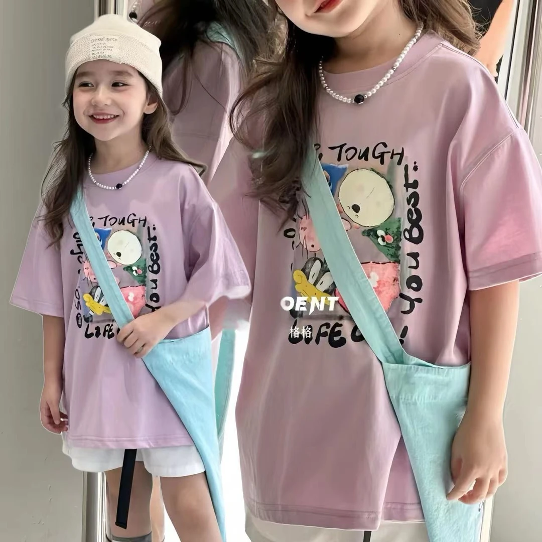 【小慕家】夏季新款10192儿童纯棉时尚休闲印花宽松紫色圆领半袖T恤