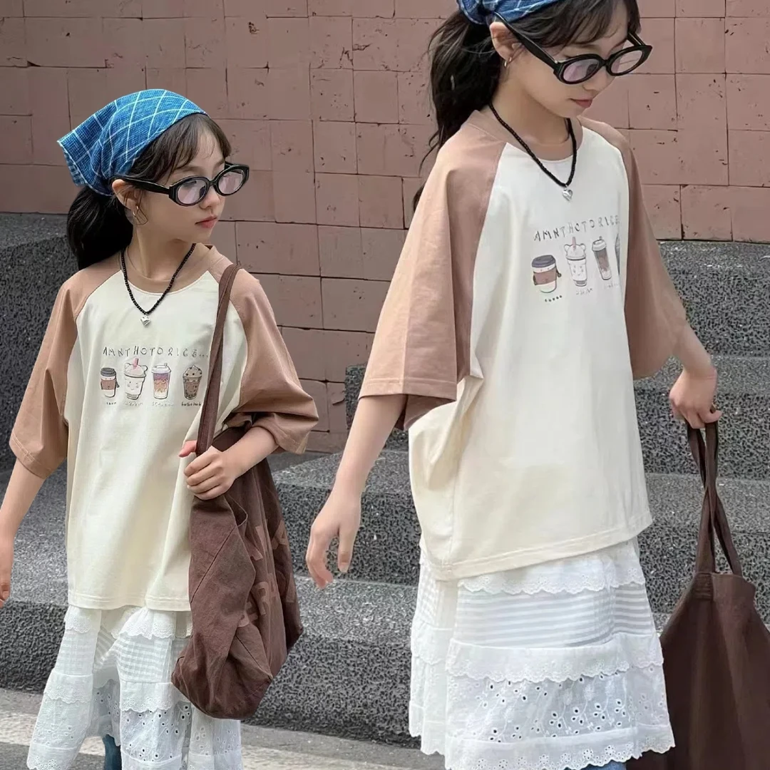 【小慕家】夏季新款61306运动洋气时尚奶茶杯短袖宽松学生印花半袖