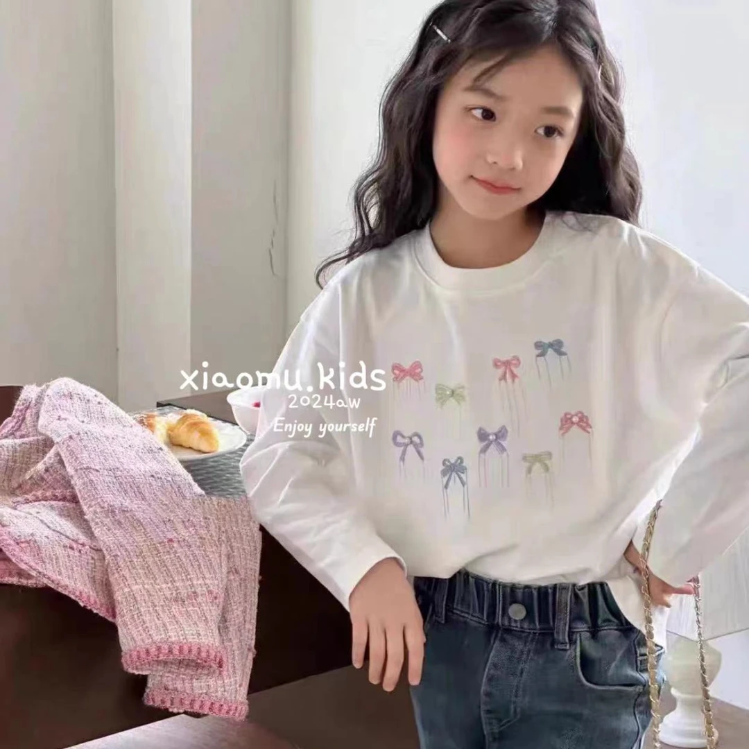 【小慕家】秋季新款10589女童白色洋气蝴蝶绣花长袖百搭潮流T恤