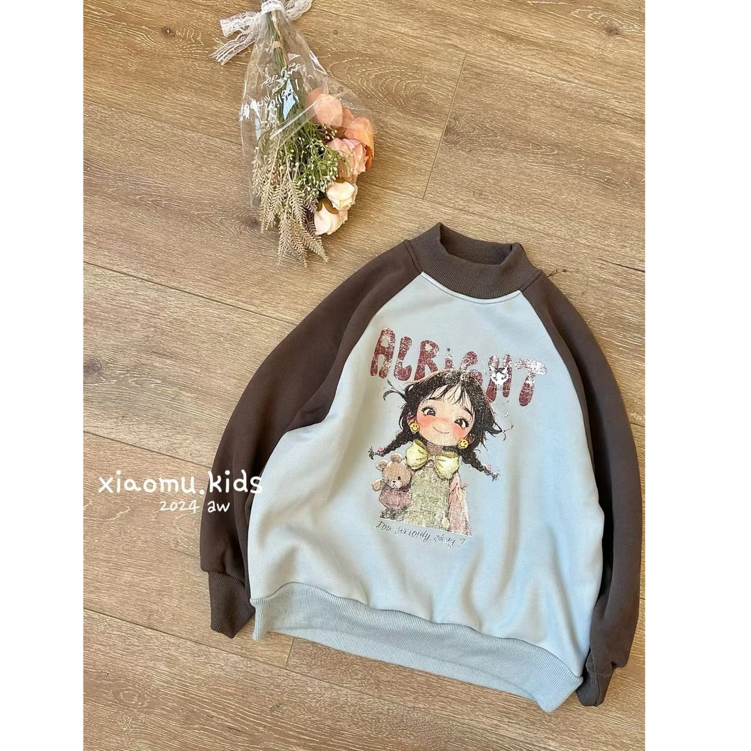 【小慕家】2024冬款女童宽松加绒圆领韩版卡通长袖时尚百搭卫衣5257