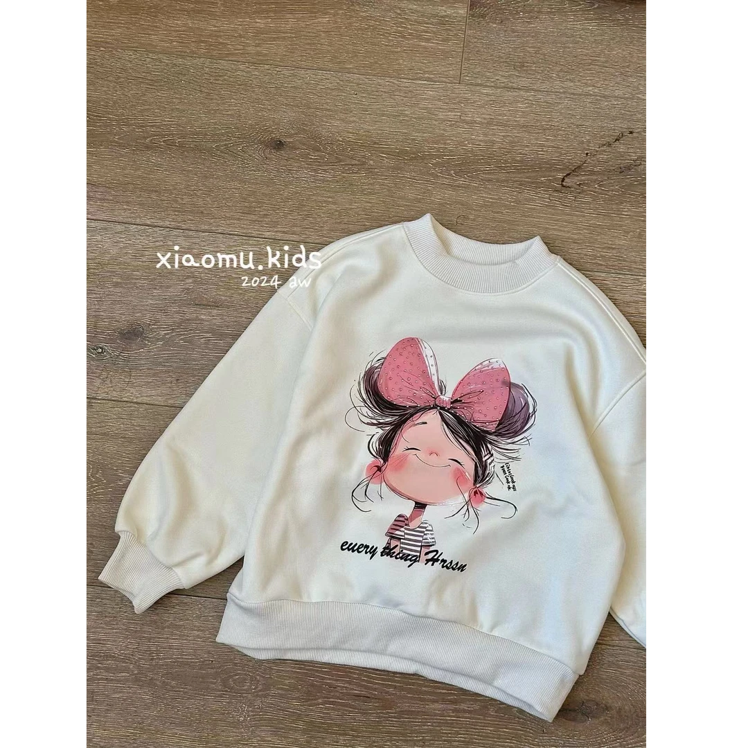 【小慕家】2024冬款时尚休闲百搭宽松儿童圆领印花加绒加厚卫衣7027