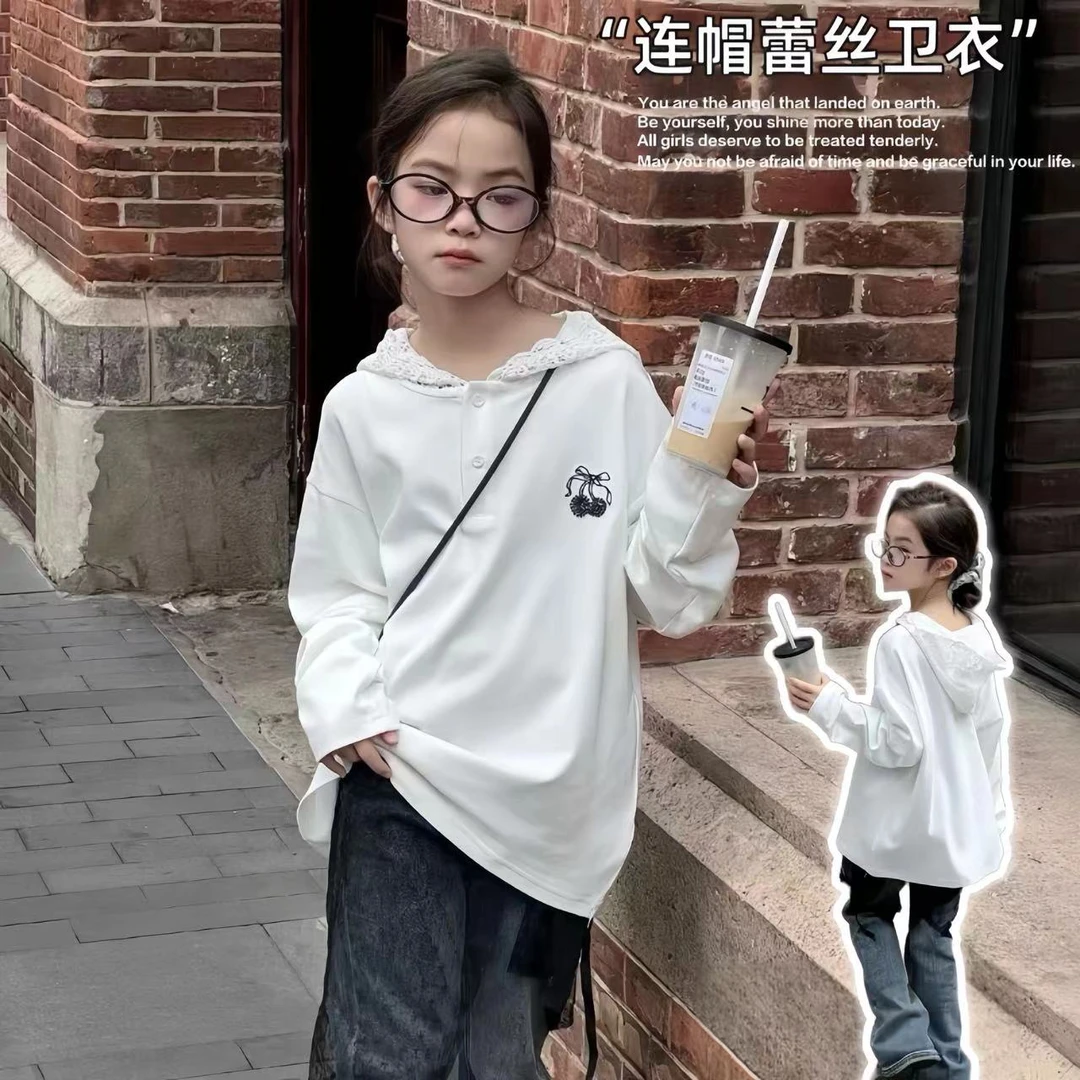 【小慕家】秋季新款36071长袖白色休闲百搭连帽宽松卫衣时尚花边领