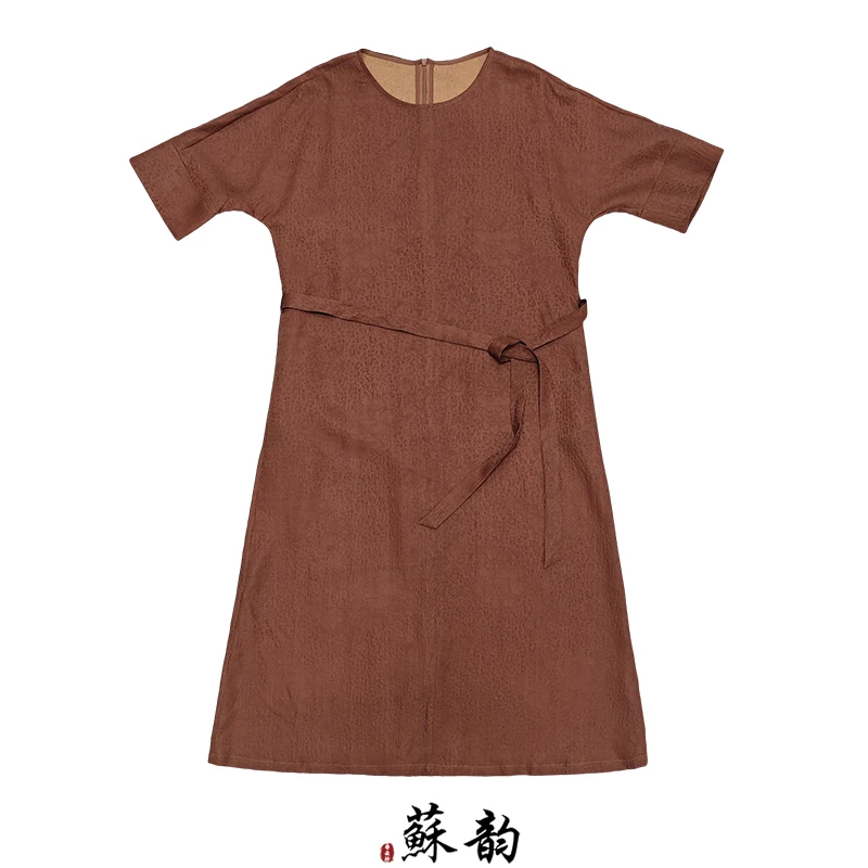 [红云纱牡丹] 女士夏季中式短袖连衣裙袍子休闲宽松休闲款W164-3