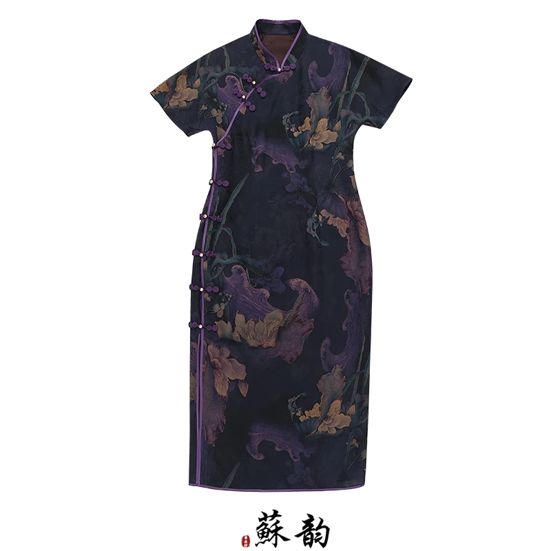 【紫气东来】女士夏季中式短袖斜襟文艺风旗袍香云纱古典款W130-2