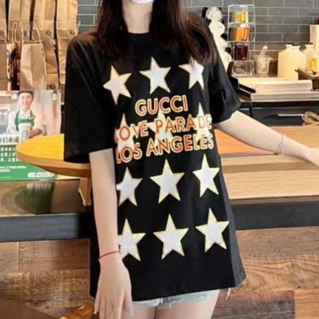 全新未使用 GUCCI/古驰 夏季休闲宽松黑色星星女士T恤印花短袖