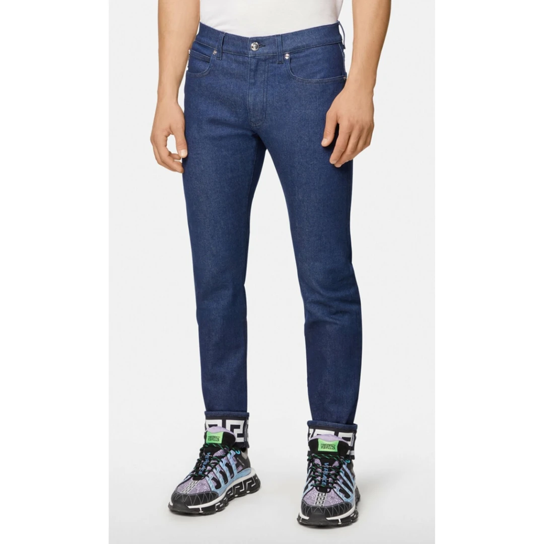 全新未使用 VERSACE/范思哲 男士经典希腊回纹卷边休闲时尚牛仔裤