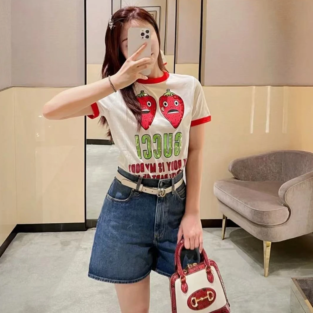 全新未使用 GUCCI/古驰 字母logo草莓印花亮片修身短袖T