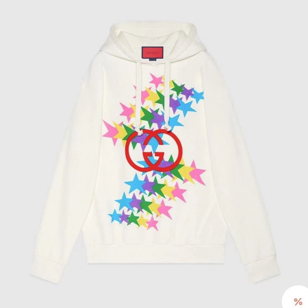 全新未使用 GUCCI/古驰 男女同款米白色彩色星星连帽宽松套头卫衣