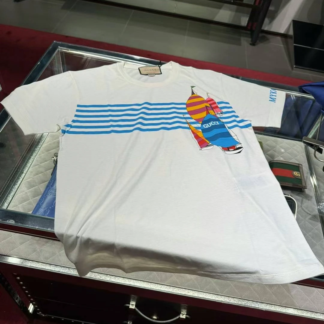 全新未使用 GUCCI/古驰 男女同款卡通字母印花短袖T恤帆船图案