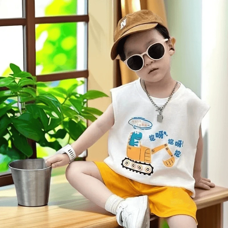 B43捡漏男童夏款无袖套装棉料洋气时尚休闲夏季薄款背心短裤套装