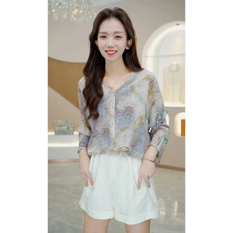 R H 2024年新款时尚气质显瘦设计印花双绉桑蚕丝衬衫1316