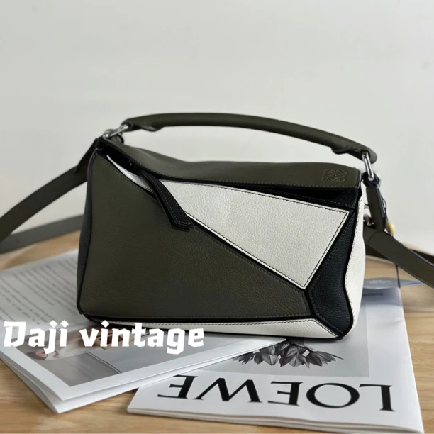 95新 LOEWE/罗意威 大吉中古/罗意威芥绿拼色puzzle小号斜挎包
