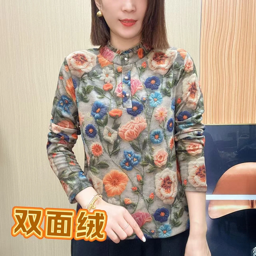 秋冬季双面绒洋气打底衫保暖衣花边领妈妈装  立体花