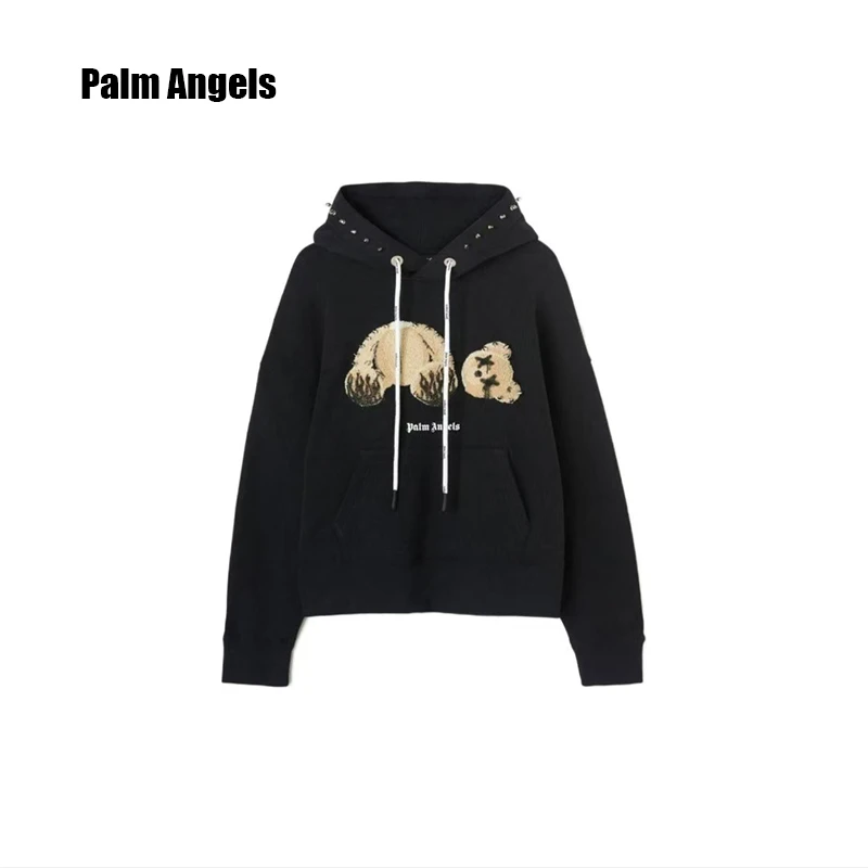 全新未使用 Palm Angels 图案印花套头连帽长袖卫衣 男款 黑色