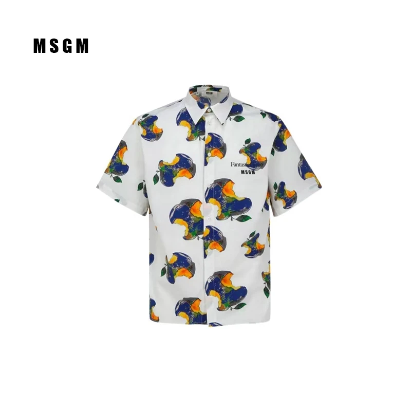 全新未使用  MSGM  时尚休闲舒适百搭图案满印短袖衬衫 男款 白色