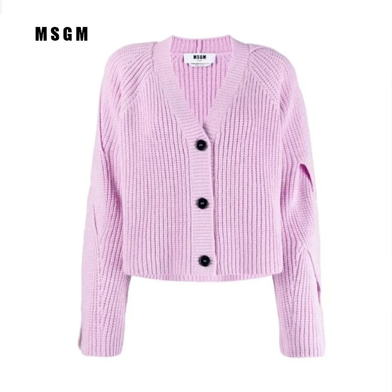 全新未使用  MSGM FW21 V领纯色排扣羊毛衫针织衫 女款 粉色