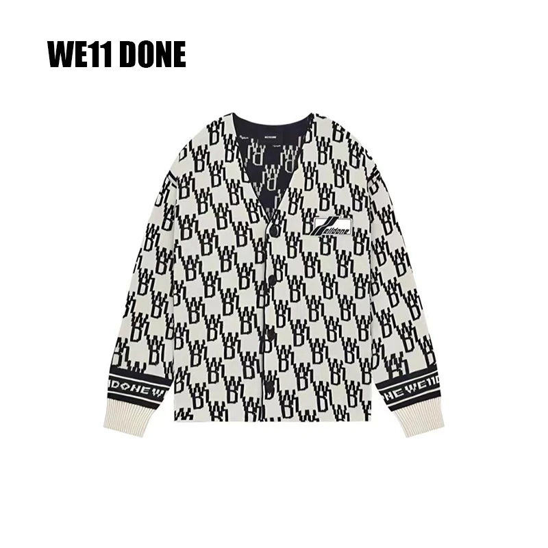 全新未使用 WE11 DONE 满印Logo撞色提花V领羊绒衫  黑色米色