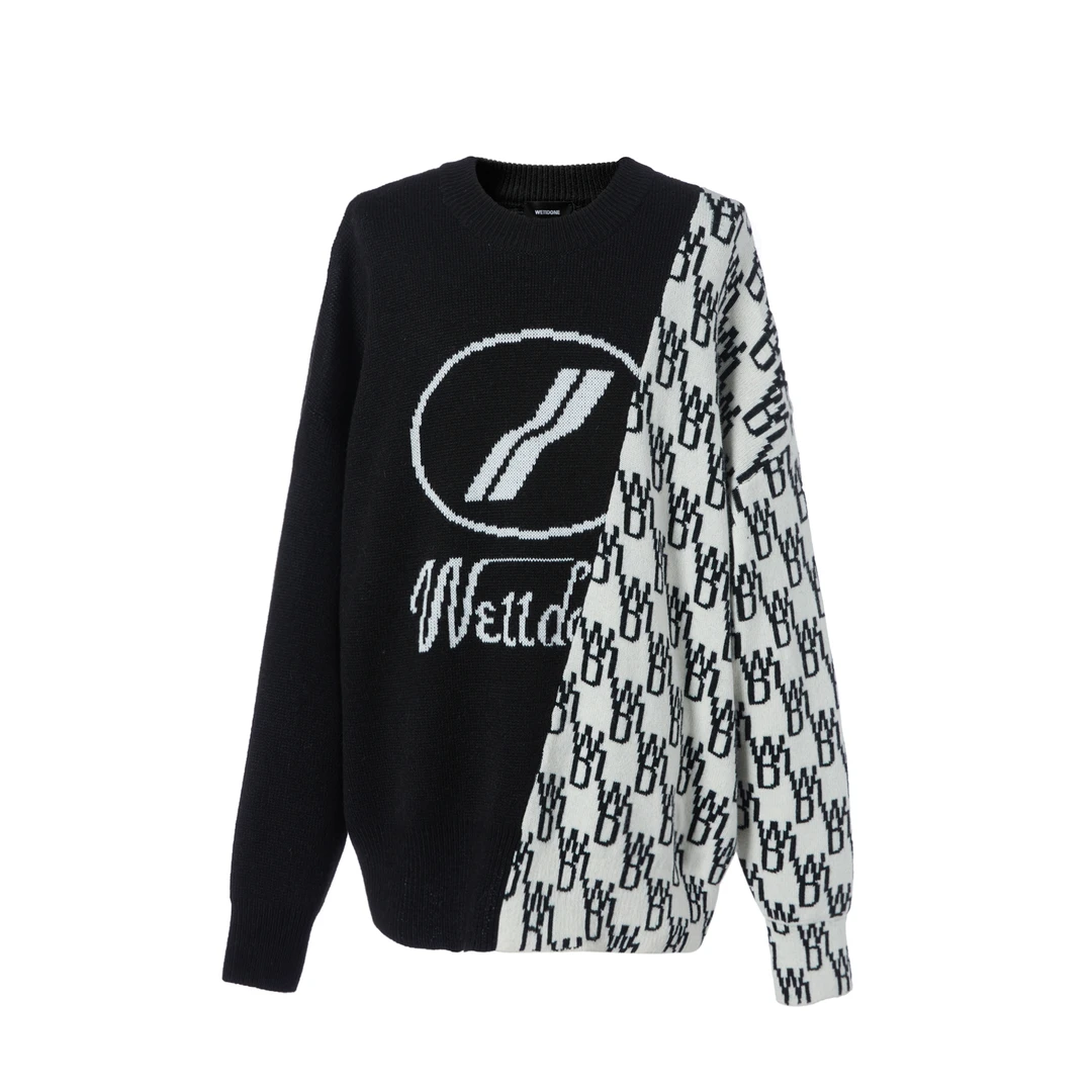 全新未使用 WE11 DONE SS22 Logo标志撞色拼接不规则时尚圆领毛衣