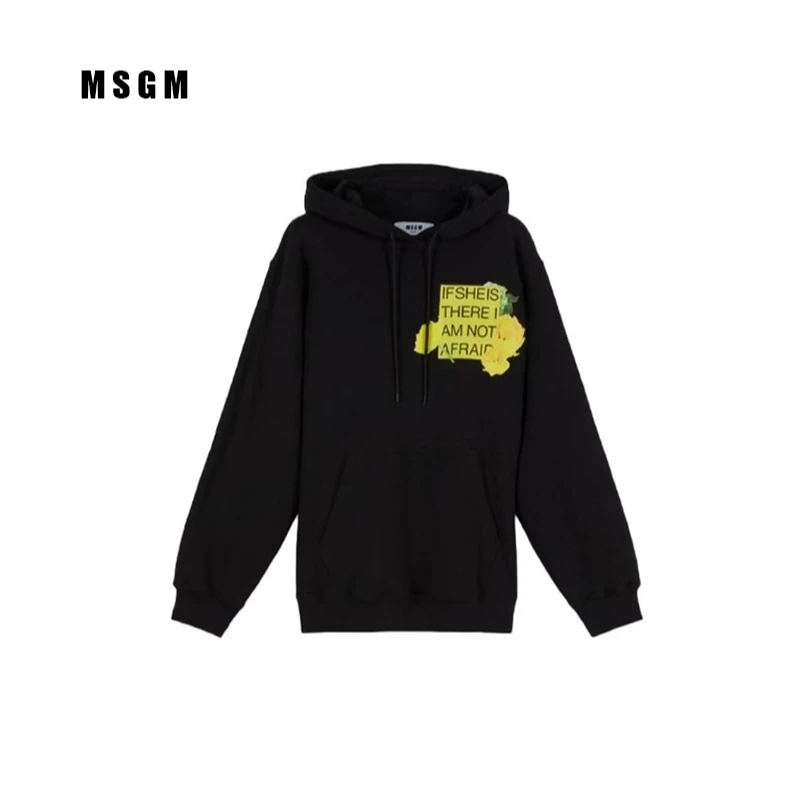 全新未使用  MSGM FW21 宽松棉质玫瑰印花卫衣 男女同款 黑色