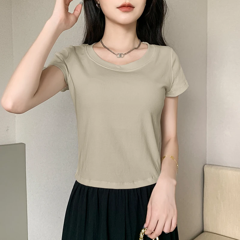 夏季新款圆领短款小个子上衣设计感小众高级感正肩短袖t恤女休闲